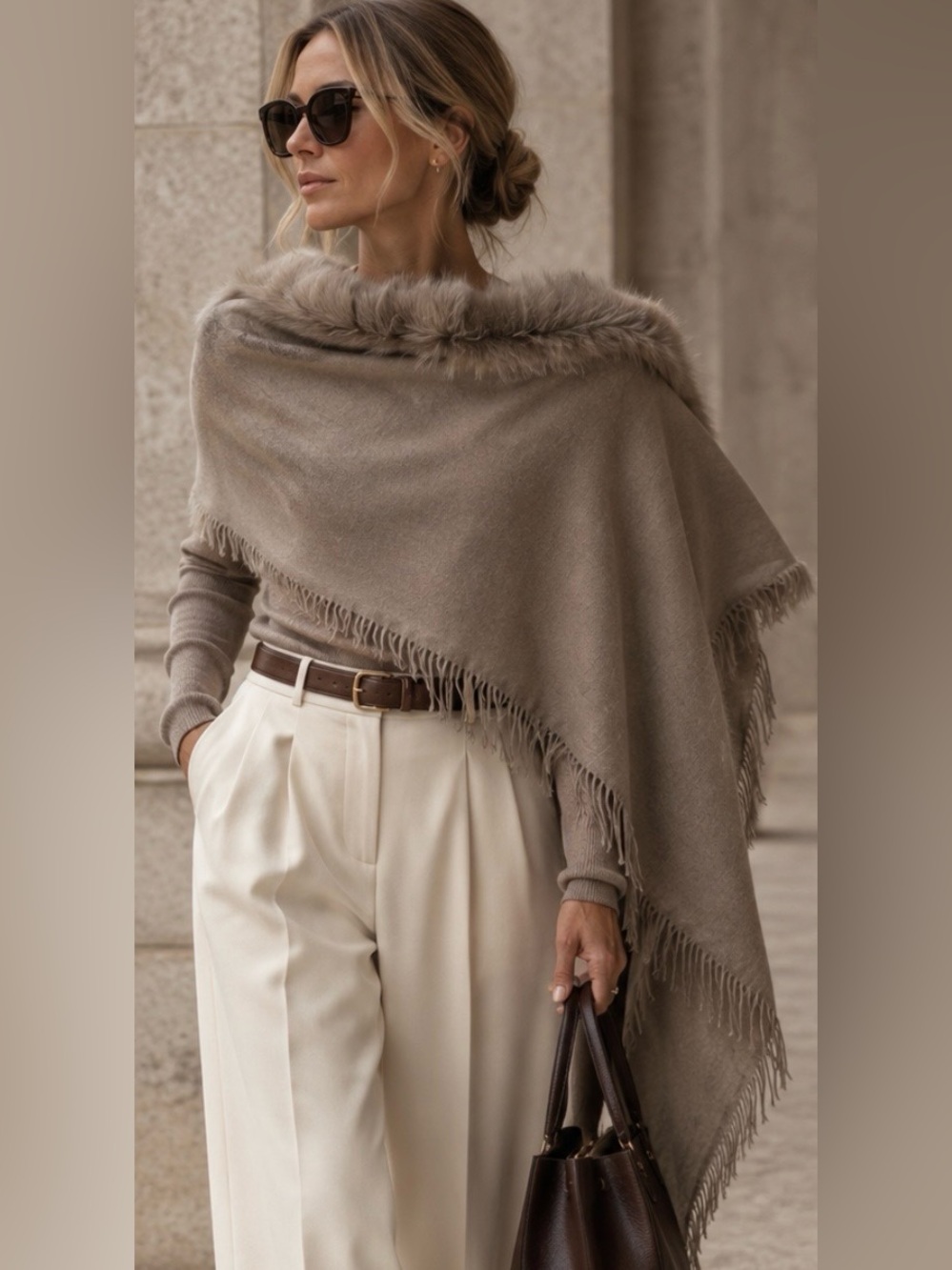 Mala Alisha Wool Silk Fur Trim Shawl